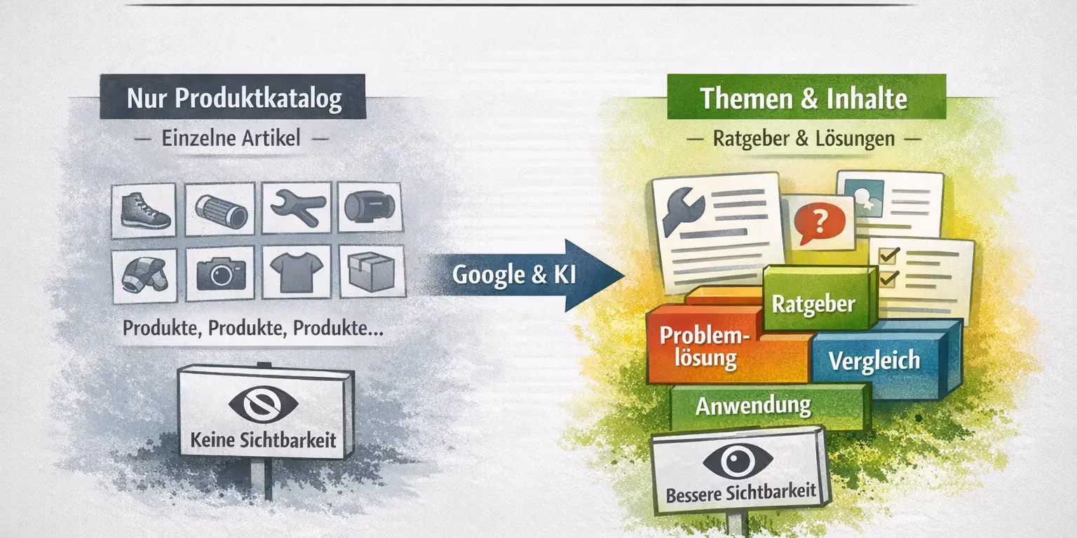 Infografik: Warum viele Webshops unsichtbar bleiben – Unterschied zwischen reinem Produktkatalog und strukturierter Themen- und Inhaltsstrategie für bessere Google-Sichtbarkeit.