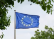 Blaue EU-Fahne mit gelben Sternen weht vor grünem Hintergrund.