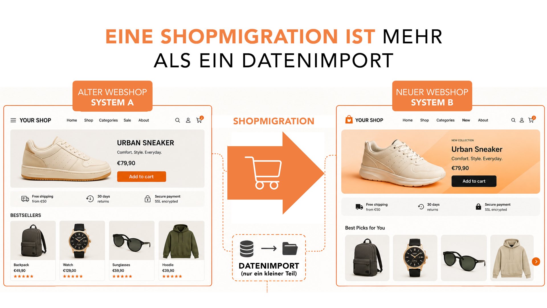 Two store views illustrate a move from system A to system B, with data import as one part of the migration.